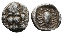 Caria, Mylasa. AR Hemiobol, 0.37 g 7.04 mm. Circa 450-400 BC.
Obv: Forepart of lion facing.
Rev: Scorpion within incuse square.
Ref: SNG Keckman 917; ...