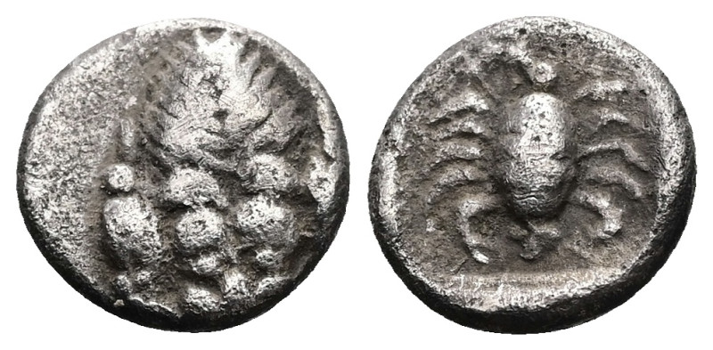 Caria, Mylasa. AR Hemiobol, 0.51 g 7.76 mm. Circa 450-400 BC.
Obv: Forepart of l...