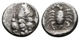 Caria, Mylasa. AR Hemiobol, 0.51 g 7.76 mm. Circa 450-400 BC.
Obv: Forepart of lion facing.
Rev: Scorpion within incuse square.
Ref: SNG Keckman 917; ...
