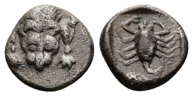 Caria, Mylasa. AR Hemiobol, 0.52 g 7.17 mm. Circa 450-400 BC.
Obv: Forepart of lion facing.
Rev: Scorpion within incuse square.
Ref: SNG Keckman 917; ...