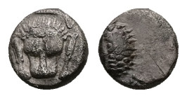 Caria, Mylasa. AR Hemiobol, 0.54 g 6.89 mm. Circa 420-390 BC.
Obv: Forepart of lion right, head left.
Rev: Facing head of lion, with legs at sides
Ref...