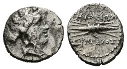 Caria, Myndos. AR Hemidrachm, 2.07 g 15.28 mm. Mid 2nd century BC. Symmachos, magistrate. Obv: Youthful head of Dionysos right, wreathed with ivy; beh...