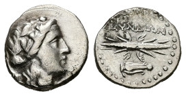 Caria, Myndos. AR Hemidrachm, 2.12 g 13.94 mm. Mid 2nd century BC.
Obv: Wreathed head of Dionysos right
Rev: Thunderbolt; headdress of Isis to below...