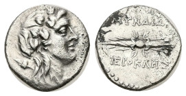 Caria, Myndos AR Hemidrachm, 2.16 g 14.58 mm. Hierokles, magistrate. Circa 2nd - 1st centuries BC.
Obv: Head of Dionysos right, wearing ivy-wreath
Rev...