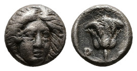 Caria, Rhodos. AR Hemidrachm, 1.83 g 10.55 mm. Circa 408/7-390 BC.
Obv: Head of Helios facing, turned slightly to the right.
Rev: P-O, Rose within an ...