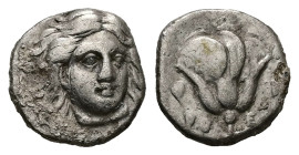 Caria, Rhodes. AR Hemidrachm, 1.50 g 12.45 mm. Circa 340-316 BC.
Obv: Head of Helios facing slightly right.
Rev: P - O. Rose with bud to rightGrape bu...