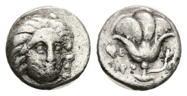 Caria, Rhodes. AR Hemidrachm, 1.56 g 11.57 mm. Circa 305-275 BC.
Obv: Head of Helios facing slightly right.
Rev: PO. Rose with bud to right. Ivy leaf ...