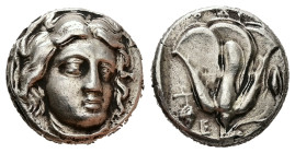 Caria, Rhodes. AR Didrachm, 6.87 g 16.93 mm. Circa 340-316 BC.
Obv: Radiate head of Helios facing slightly right.
Rev: POΔION. Rose with bud to righ...