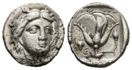 Caria, Rhodos. AR Didrachm, 6.54 g 19.98 mm. Circa 340-316 BC.
Obv: Head of Helios facing, turned slightly to right.
Rev: POΔION, Rose with bud to rig...