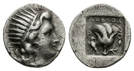 Caria, Rhodes. AR Drachm, 2.80 g 15.59 mm. Circa 190-170 BC. Lobios, magistrate.
Obv: Radiate head of Helios right.
Rev: ΛΟΒΙΟΣ / P O. Rose with bud t...