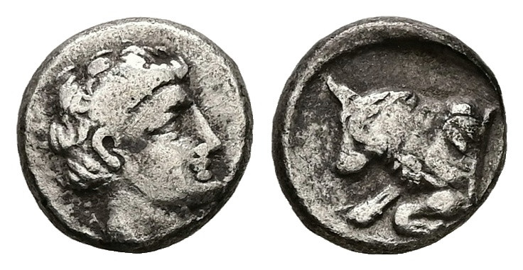 Caria, Uncertain ('Mint E'). AR Diobol, 1.30 g 10.72 mm. Circa 380-340 BC.
Obv: ...