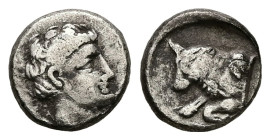 Caria, Uncertain ('Mint E'). AR Diobol, 1.30 g 10.72 mm. Circa 380-340 BC.
Obv: Head of young male right
Rev: Forepart of bull left, Carian letter y o...