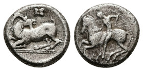 Cilicia, Kelenderis. 1/3 AR Stater, 3.51 g 14.22 mm. Circa 430-420 BC. 
Obv: Nude youth, holding whip, dismounting from horse rearing left. 
Rev: Goat...