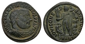 Licinius I, AD 308-324. AE, Follis. 2.67 g. 19.83 mm. Antioch.
Obv: IMP C VAL LICIN LICINIVS P F AVG. Bust of Licinius, radiate, draped, cuirassed, r...
