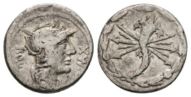 Q. Fabius Maximus, 127 BC. AR, Denarius. 3.84 g. 18.46 mm. Rome.
Obv: ROMA Q• MA X. Helmeted head of Roma, right, with star on helmet flap.
Rev: Cornu...