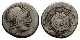 M. Caecilius Q.f. Q.n. Metellus, 127 BC. AR, Denarius. 3.70 g. 16.78 mm. Rome.
Obv: [ROMA]. Helmeted head of Roma, right, with star on helmet flap.
Re...