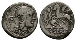 C. Servilius Vatia, 127 BC. AR, Denarius. 3.67 g. 17.89 mm. Rome.
Obv: ROMA. Helmeted head of Roma, right, with star on helmet flap. 
Rev: C·SERV͡EIL....