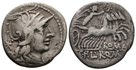 Q. Marcius, C. Fabius, and L. Roscius. BC 118-117. AR, Denarius. 3.53 g. 19.21 mm. Rome.
Obv: Helmeted head of Roma, right.
Rev: ROMA C·F·L·R·Q·M. Vic...