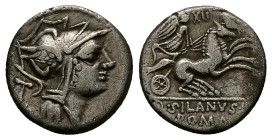 D. Silanus L.F., 91 BC. AR, Denarius. 3.73 g. 16.89 mm. Rome.
Obv: Helmeted head of Roma, right, H to left.
Rev: D SILANVS L F ROMA. Victory in biga, ...