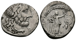 Cn. Lentulus Clodianus, 88 BC. AR, Quinarius. 1.79 g. 15.96 mm. Rome.
Obv: Laureate head of Jupiter, right.
Rev: Victory, right, crowning trophy.
Ref:...
