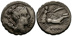 Ti. Claudius Nero, 79 BC. AR, Denarius. 3.75 g. 18.34 mm. Rome.
Obv: S C. Bust of Diana, right, draped, with bow and quiver over shoulder.
Rev: Victor...