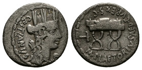 M. Plaetorius M.f. Cestianus, 57 BC. AR, Denarius. 3.84 g. 18.69 mm. Rome.
Obv: CESTIANVS. Head of Cybele, right; behind, forepart of lion; before, gl...
