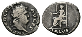 Nero, AD 54-68. AR, Denarius. 2.79 g. 19.11 mm. Rome.
Obv: IMP NERO CAESAR AVG P P. Head of Nero, laureate, right.
Rev: SALVS. Salus, draped, seated l...