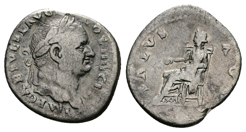 Vespasian, AD 69-79. AR, Denarius. 2.54 g. 20.59 mm. Rome.
Obv: IMP CAES VESP AV...