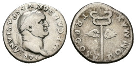 Vespasian, AD 69-79. AR, Denarius. 3.09 g. 19.46 mm. Rome.
Obv: IMP CAESAR VESPASIANVS AVG. Head of Vespasian, laureate, right.
Rev: PON MAX TR P COS ...
