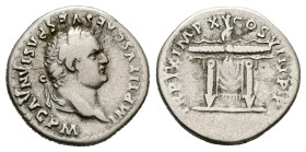 Titus, AD 79-81. AR, Denarius. 3.22 g. 18.69 mm. Rome.
Obv: IMP TITVS CAES VESPASIAN AVG P M. Head of Titus, laureate, right.
Rev: TR P IX IMP XV COS ...