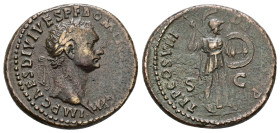 Domitian, AD 81-96. AE, As. 12.06 g. 28.12 mm. Rome. 
Obv: IMP CAES DIVI VESP F DOMI[TIAN AVG] P M. Head of Domitian, laureate, right.
Rev: TR P COS V...
