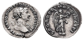 Trajan, AD 98-117. AR, Quinarius. 1.60 g. 15.97 mm. Rome.
Obv: IMP TRAIANO AVG GER DAC P M TR P COS VI P P. Head of Trajan, laureate, right.
Rev: S P ...
