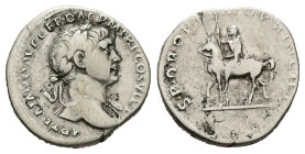 Trajan, AD 98-117. AR, Denarius. 3.34 g. 18.99 mm. Rome.
Obv: IMP TRAIANO AVG GER DAC P M TR P COS VI P P. Bust of Trajan, laureate, draped, right.
Re...