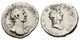 Trajan, AD 98-117. AR, Denarius. 3.34 g. 19.53 mm. Rome.
Obv: IMP CAES NER TRAIAN OPTIM AVG GER DAC PARTHICO. Bust of Trajan, laureate, right with aeg...