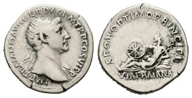 Trajan, AD 98-117. AR, Denarius. 3.42 g. 19.78 mm. Rome.
Obv: IMP TRAIANO AVG GER DAC P M TR P COS VI P P. Bust of Trajan, laureate, draped on left sh...