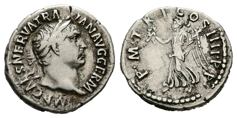 Trajan, 98-117 AD. AR, Denarius. 3.28 g. 18.89 mm. Rome.
Obv: IMP CAES NERVA TRA...