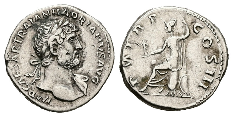 Hadrian, AD 117-138. AR, Denarius. 3.35 g. 18.76 mm. Rome.
Obv: IMP CAESAR TRAIA...