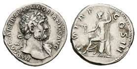 Hadrian, AD 117-138. AR, Denarius. 3.35 g. 18.76 mm. Rome.
Obv: IMP CAESAR TRAIAN HADRIANVS AVG. Bust of Hadrian, laureate, draped, right.
Rev: P M TR...