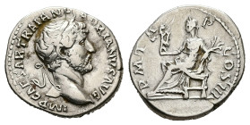 Hadrian, AD 117-138. AR, Denarius. 3.36 g. 18.57 mm. Rome.
Obv: IMP CAESAR TRAIAN HADRIANVS AVG. Head of Hadrian, laureate, right.
Rev: P M TR P COS I...