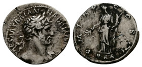 Hadrian, AD 117-138. AR, Denarius. 3.21 g. 18.70 mm. Rome.
Obv: IMP CAESAR TRAIAN HADRIANVS AVG. Head of Hadrian, laureate, right; ith bare chest and ...