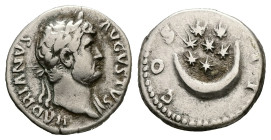 Hadrian, AD 117-138. AR, Denarius. 3.42 g. 18.08 mm. Rome.
Obv: HADRIANVS AVGVSTVS. Head of Hadrian, laureate, right; with slight drapery on his left ...