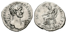 Hadrian, AD 117-138. AR, Denarius. 3.46 g. 18.85 mm. Rome.
Obv: IMP CAESAR TRAIAN HADRIANVS AVG. Bust of Hadrian, laureate, bare chest, traces of drap...