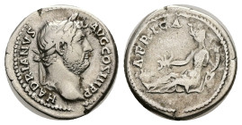 Hadrian, AD 117-138. AR, Denarius. 3.47 g. 19.20 mm. Rome.
Obv: HADRIANVS AVG COS III P P. Head of Hadrian, laureate, right.
Rev: AFRICA. Africa, we...