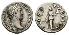 Hadrian, 117-138 AD. AR, Denarius. 3.59 g. 18.06 mm. Rome.
Obv: HADRIANVS AVG COS III P P. Head of Hadrian, bare, right.
Rev: FIDES PVBLICA. Fides sta...