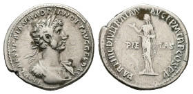Hadrian, AD 117-138. AR, Denarius. 3.12 g. 19.82 mm. Rome.
Obv: IMP CAES TRAIAN HADRIAN OPT AVG GER DAC. Laureate and cuirassed bust of Hadrian, right...
