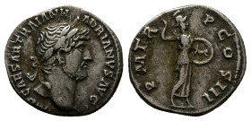 Hadrian, AD 117-138. AR, Denarius. 3.09 g. 18.82 mm. Rome.
Obv: IMP CAESAR TRAIAN HADRIANVS AVG. Head of Hadrian, laureate, right.
Rev: P M TR P COS I...