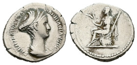 Sabina, AD 128-136/7. AR, Denarius. 3.07 g. 19.31 mm. Rome.
Obv: SABINA AVGVSTA HADRIANI AVG P P. Draped bust of Sabina, right; wearing double stephan...