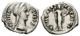 Sabina, AD 128-137. AR, Denarius. 3.20 g. 19.37 mm. Rome.
Obv: SABINA AVGVSTA. Bust of Sabina, diademed, wearing stephane with hair in queue, draped, ...