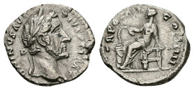 Antoninus Pius, AD 138-161. AR, Denarius. 2.88 g. 17.95 mm. Rome.
Obv: ANTONINVS AVG PIVS P P IMP II. Head of Antoninus Pius, laureate, right.
Rev: TR...