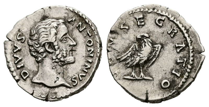 Divus Antoninus Pius, Died AD 161. AR, Denar. 3.02 g. 19.18 mm. Rome.
Obv: DIVVS...